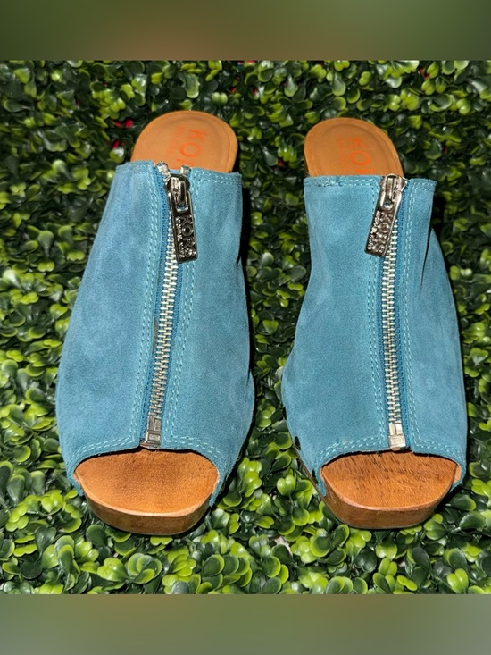 Michael Kors Shoes - Michael Kors Teal Suede Open-Toe Zip Wedge Mule Clogs